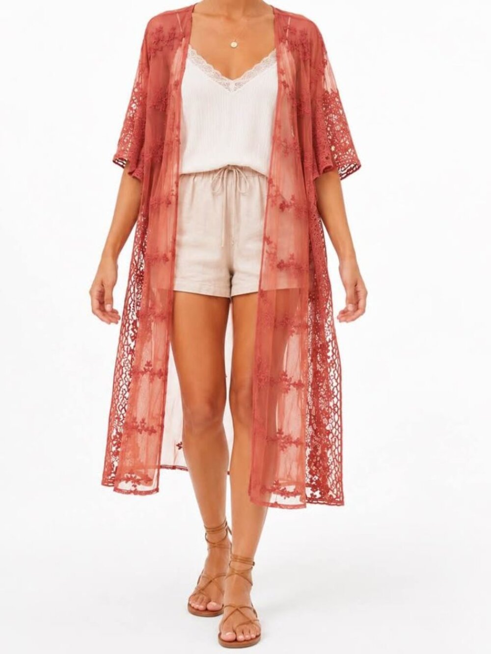Coral Lace Sheer Kimono Duster | Whmsigoth Festival Fairy Resort Boho [size S]